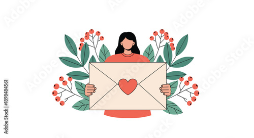 A young woman stands among green leaves and red berries, holding a large envelope with a heart seal for Valentine's Day.
