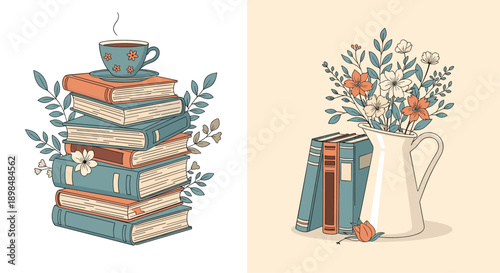 Two vintage-style illustrations, one of a tall stack of books with a teacup and one with books next to a flower vase.