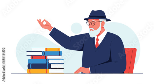 An elegant elderly man with a white beard, wearing a hat and glasses, gesturing wisely while sitting with a stack of books.
