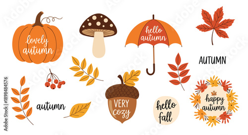 A delightful set of autumn-themed stickers and icons including a pumpkin, mushroom, acorn, leaves, and an umbrella.