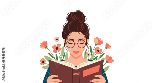 Portrait of a lovely young woman with glasses and her hair in a bun, enjoying a book surrounded by beautiful flowers.