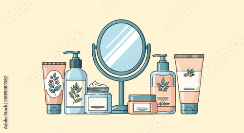 Set of organic and natural skincare products, including creams, lotions, and cleansers, arranged around a round mirror.