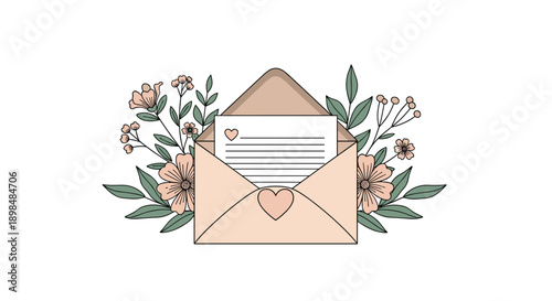 An open envelope with a love letter inside, beautifully decorated with a frame of delicate pink flowers and green leaves.
