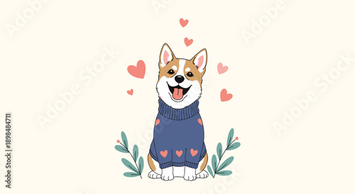 An adorable Corgi dog wearing a blue sweater with hearts, sitting happily with floating hearts and leaves around it.
