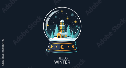 Magical winter snow globe containing a cozy house and pine trees with falling snow, and 'Hello Winter' text below.