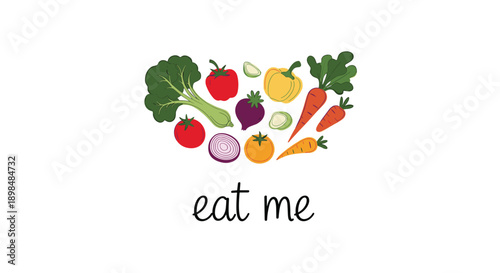 A playful arrangement of colorful, healthy vegetables with the handwritten text 'eat me' below, promoting good nutrition.