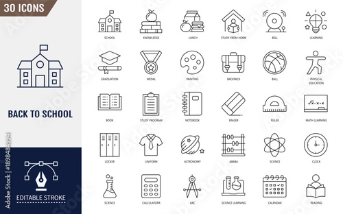 Back to school icon set. Icons related to school, education, learning, studying, and more. Outline icon with Editable stroke. Vector illustration