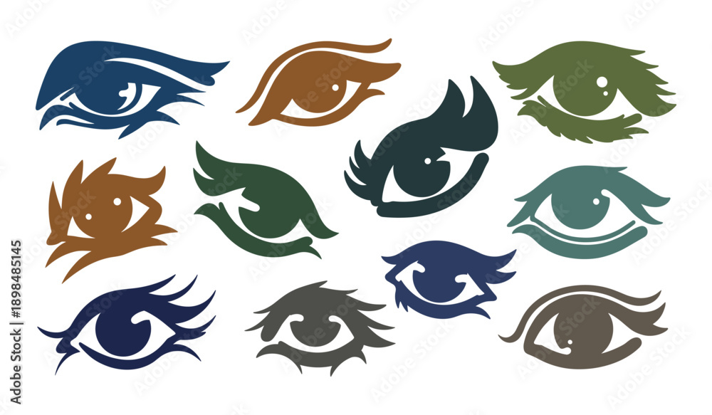 Obraz premium Group of Twelve Abstract Stylized Eyes in Various Earthy Tones and Blue Hues illustration