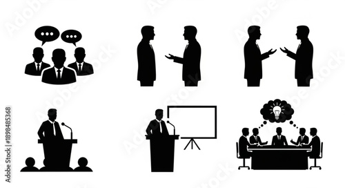 Business meeting and discussion icons set.