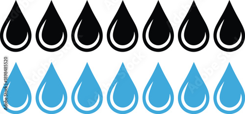 Water droplet icons, top row black droplets, bottom row light blue droplets simple minimal liquid symbols