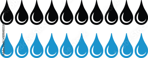 Water droplet icons, set of 30 droplets in black and light blue arranged in two rows clean liquid design