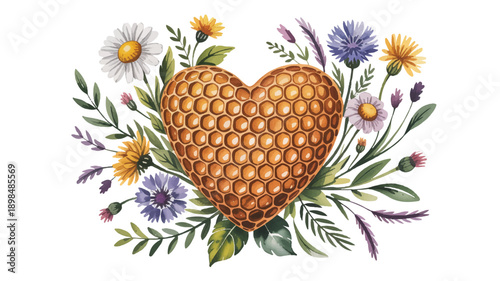 heart shaped honeycomb with colorful flowers and leaves arrangement