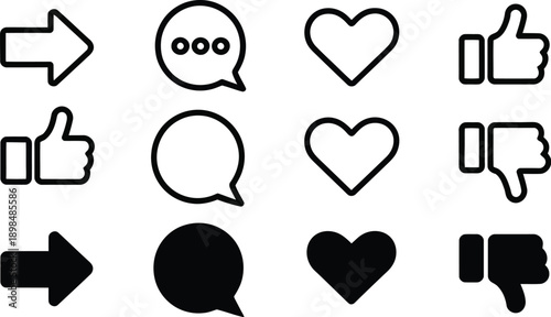 Social interaction icons, set featuring reply arrow, chat bubble, bookmark icon, heart outline, like and dislike symbols