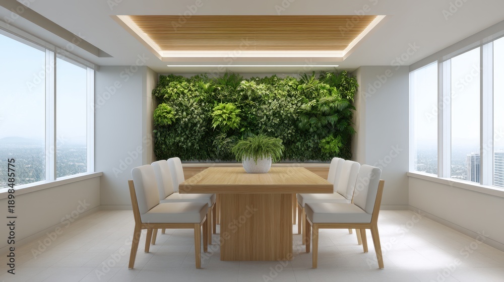 Fototapeta premium Modern Conference Room with Natural Green Wall and Elegant Wooden Table Surrounded by chairs, Bright Windows Offering Scenic View and Natural Light