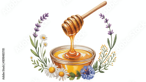 honey dripping from dipper into glass bowl surrounded by flowers