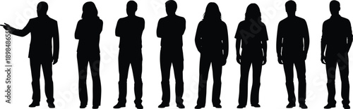 Silhouette of diverse group of seven people standing side by side, mix of formal and casual attire, teamwork and leadership concept, isolated on white background