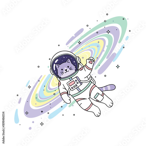 Whimsical Kitty Astronaut Floating in a Pastel Cosmic Swirl
