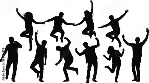 Silhouette of ten people in dynamic poses including jumping, dancing, and standing, expressive movement and joy concept, isolated on white background for design and art