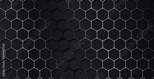 Industrial silver chrome hexagon mesh pattern on dark metal surface for high tech automotive engineering backdrop