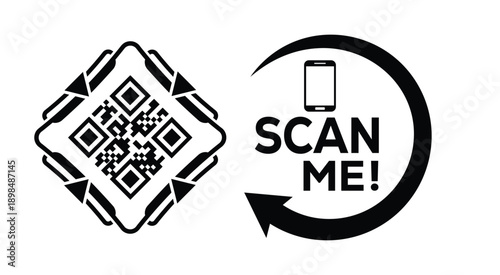 Black and white QR code with bold "SCAN ME" text, smartphone icon, and curved arrow—ideal for mobile interaction, digital marketing, and tech-themed promotional materials.