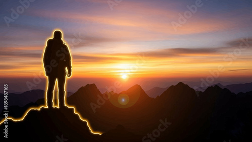 Silhouette of a person standing on a mountain peak watching the sunrise.