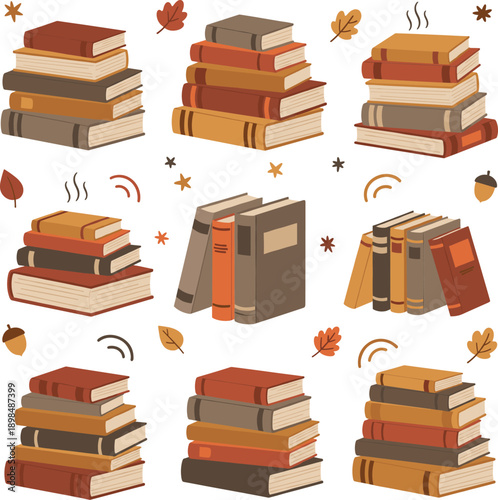 Cozy autumn book stacks collection with vintage hardback covers falling leaves and acorns in warm earth tones for library aesthetic