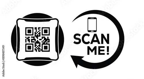 Black and white QR code with bold "SCAN ME" text, smartphone icon, and curved arrow—ideal for mobile interaction, digital marketing, and tech-themed promotional materials.