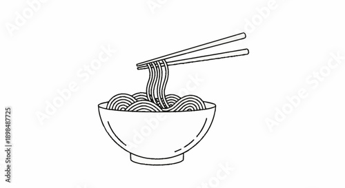 Simple Line Drawing of Noodles in a Bowl with Chopsticks.