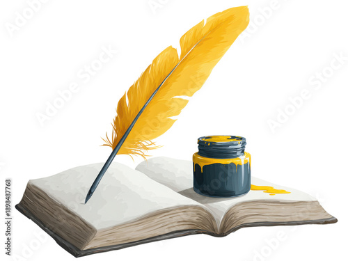 A book with a feather and a pen on it