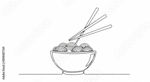Single Line Drawing of Noodles in a Bowl with Chopsticks.