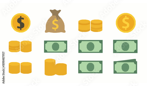 Money Set Icon Dollar Money Bag Gold and Banknote Flat Vector