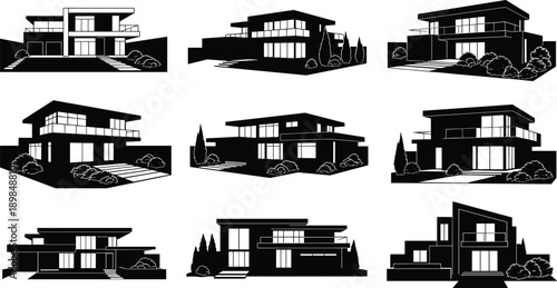 Vector illustration of nine modern houses with flat and angled roofs, large windows, minimalist landscaping, isolated on white background, perfect for architecture, real estate, and design themes