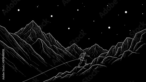 Starlit Mountain Range Landscape Illustration.