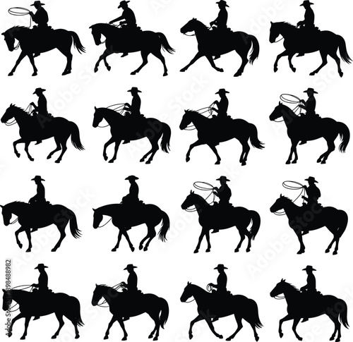 Cowboy horse silhouette set, western rodeo rider poses, lasso equestrian action collection, black ranch lifestyle illustration icons vintage american west