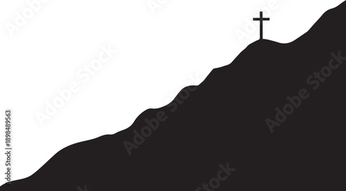 Mountain vector silhouette illustration with cross line art symbol on top