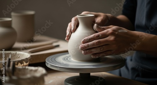 Hands shaping clay vase on pottery wheel, ceramic art creation, craft workshop