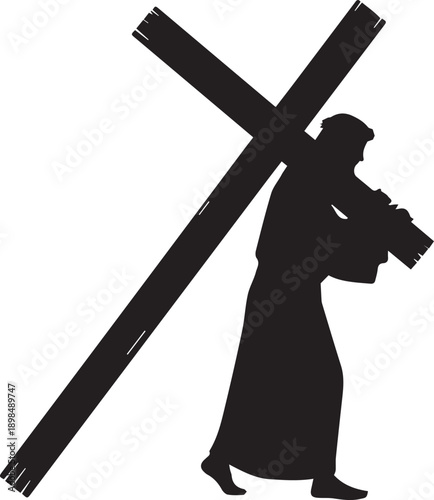 Silhouette of man carrying large wooden cross on shoulder religious suffering vector