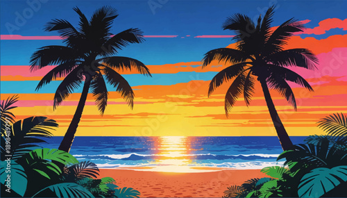 A vector illustration reminiscent of a retro 1980s tourist poster depicts a sunset on a tropical beach with palm trees.