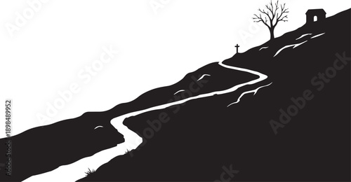 Winding path vector silhouette landscape leading to tomb hill illustration for holy week