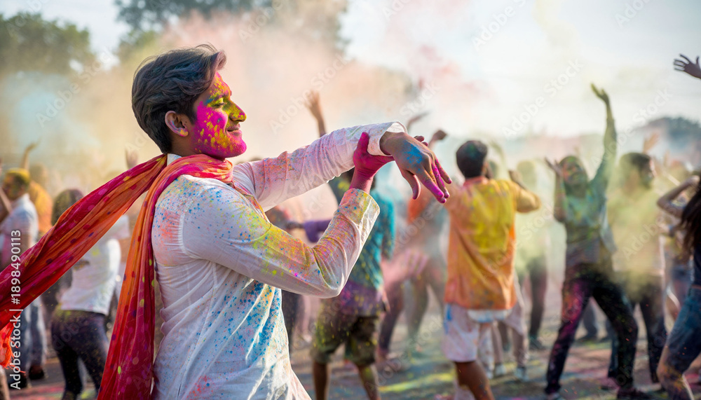 Fototapeta premium Vibrant Holi festival celebration with people covered in colored powder, joyous atmosphere