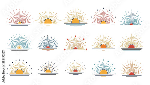 Sunburst and rising sun icon set featuring minimalist solar rays and sunset silhouettes for modern branding and spiritual logo design vector art