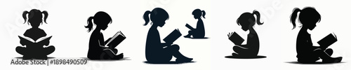 A Silhouette Cute Child Reading a Book Vector Illustration