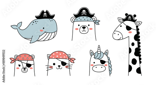 Cute Pirate Animal Characters Illustration in Playful Hand-Drawn Cartoon Style