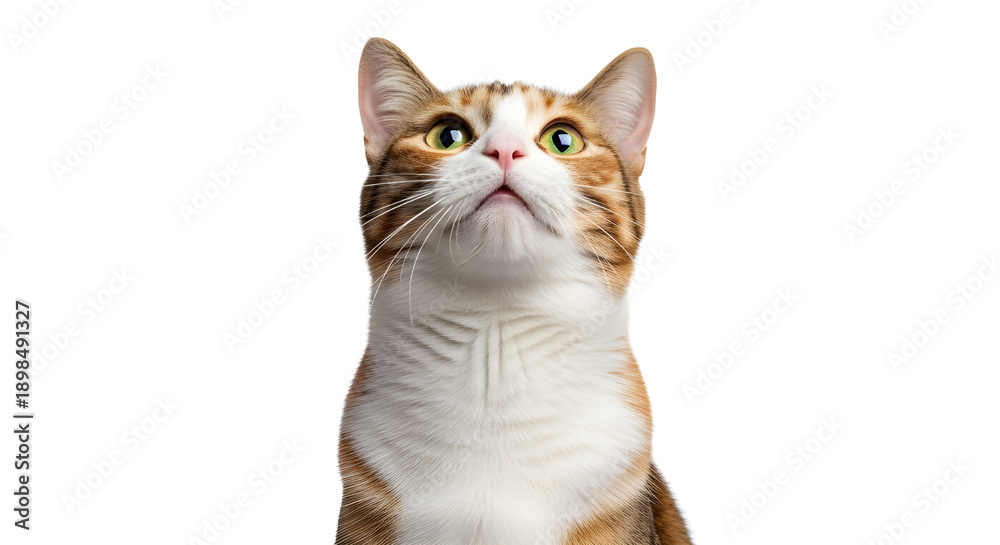 Obraz premium Orange and white tabby cat looking up, pet portrait, isolated on white