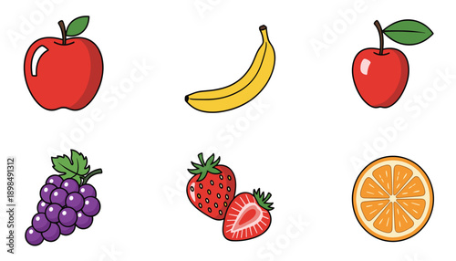Fresh fruit icons set including red apple banana grapes strawberry and orange slice vector illustration for healthy food stickers and grocery apps