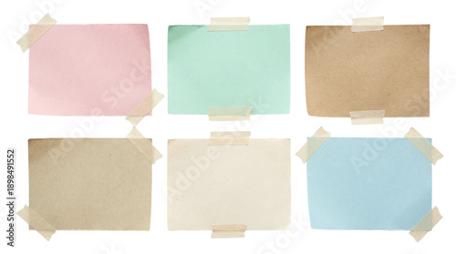 Photos Collection of six blank note cards taped with masking tape, pastel and kraft pap