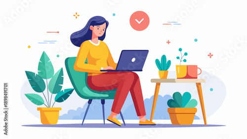 Creative professional working on a laptop surrounded by plants and stationery items isolated on white background, Vector