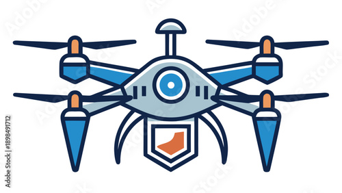 Advanced quadcopter drone with emblematic shield design and propellers isolated on white background, Vector