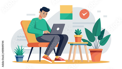 A person working on a laptop in a cozy home office setting with plants around isolated on white background, Vector