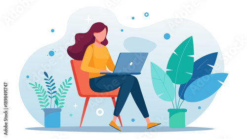 Woman working on laptop surrounded by plants and enjoying a cozy workspace at home isolated on white background, Vector